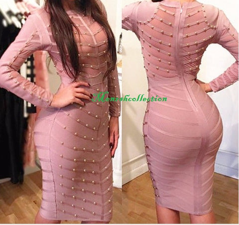 high-quality celebrity bandage  long-sleeved beaded dress CODE: mon58