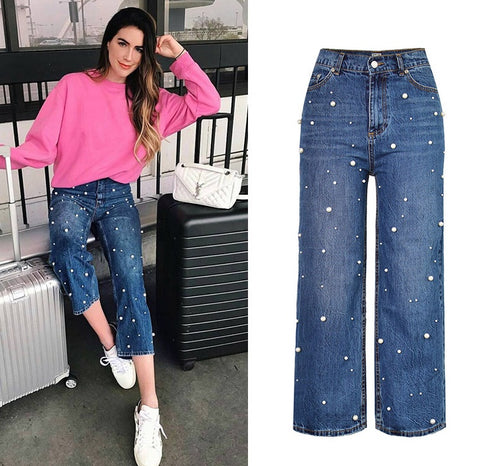 New High waist straight loose wide leg cowboy horn pants pearl studs irregular denim CODE: mon647