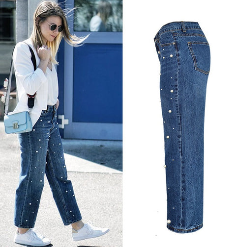 New High waist straight loose wide leg cowboy horn pants pearl studs irregular denim CODE: mon647