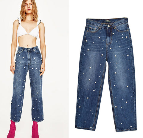 New High waist straight loose wide leg cowboy horn pants pearl studs irregular denim CODE: mon647