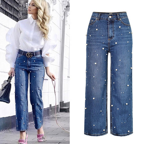 New High waist straight loose wide leg cowboy horn pants pearl studs irregular denim CODE: mon647