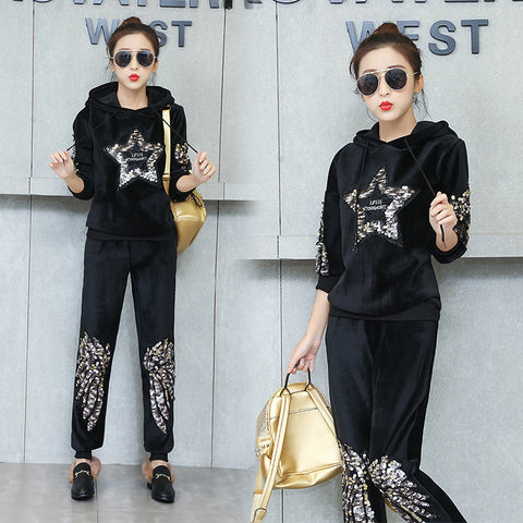 New velvet thick hooded sweater suit sequined sports two-piece suit CODE: mon745