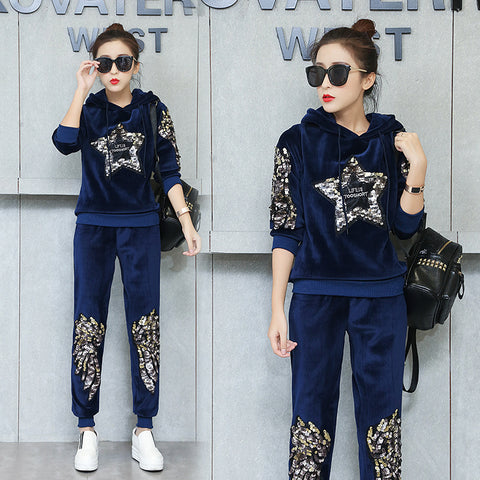 New velvet thick hooded sweater suit sequined sports two-piece suit CODE: mon745