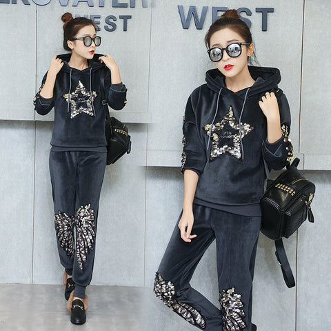 New velvet thick hooded sweater suit sequined sports two-piece suit CODE: mon745