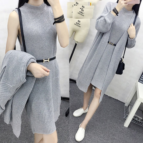 two-piece cardigan long paragraph crew neck sweater Dress CODE: mon757