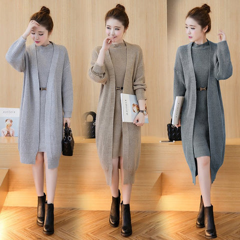 two-piece cardigan long paragraph crew neck sweater Dress CODE: mon757