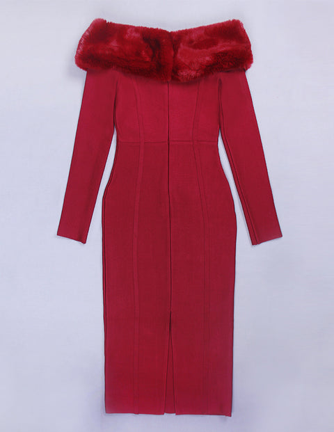 strapless shoulder fur collar long sleeves Slim bandage dress CODE: mon763
