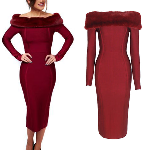 strapless shoulder fur collar long sleeves Slim bandage dress CODE: mon763