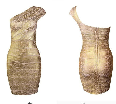 One shoulder diagonal bandage dress golden / blacl dinner party dress CODE: mon767