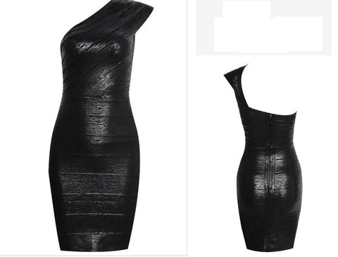 One shoulder diagonal bandage dress golden / blacl dinner party dress CODE: mon767