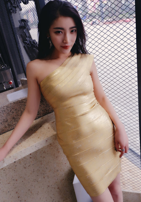 One shoulder diagonal bandage dress golden / blacl dinner party dress CODE: mon767