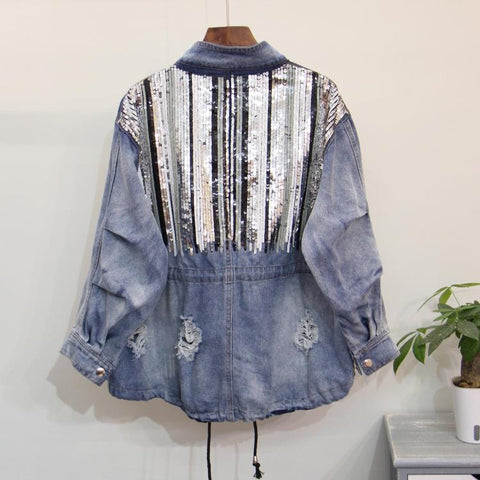 loose beads large size sequined denim jacket CODE: mon845
