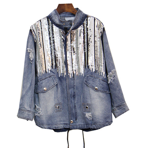 loose beads large size sequined denim jacket CODE: mon845
