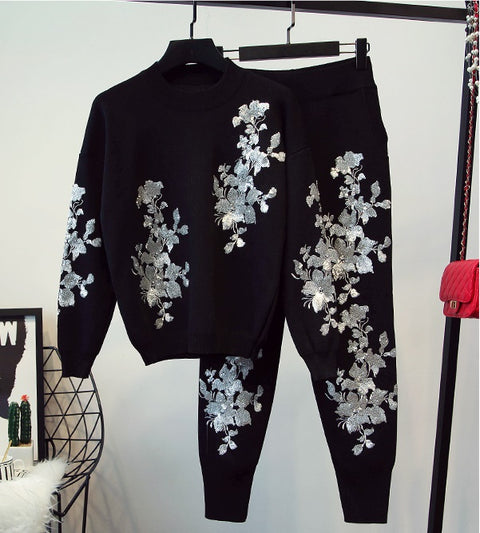 Gold leaf disc flower sequins knit suit 2piece set CODE: mon912