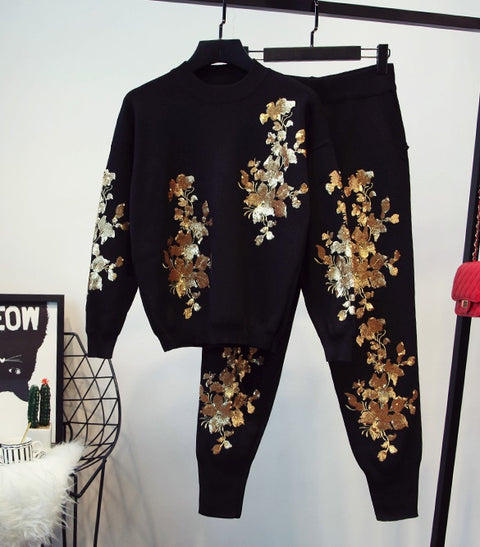 Gold leaf disc flower sequins knit suit 2piece set CODE: mon912